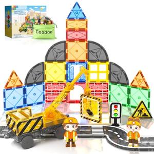Coodoo Kids Games Magnetic Tiles Road Set with Extendable Magnetic Crane, City Construction Building Toys for Toddlers STEM Preschool Ages 4-6 5-7, Gifts for 3+ Year Old Boys Girls Kids Toys with Car