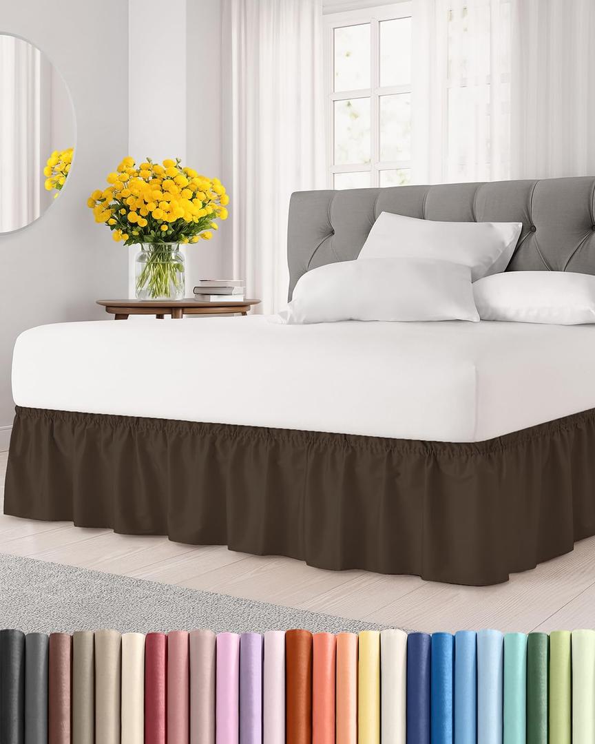 Wrap Around Dust Ruffle Bed Skirt - Brown - for Queen Size Beds with 15 Inch Drop - Easy Fit Elastic Strap - Adjustable Pleated Bedskirt w/Brushed Fabric - Wrinkle Free - for Women, Men, Kids & Teens