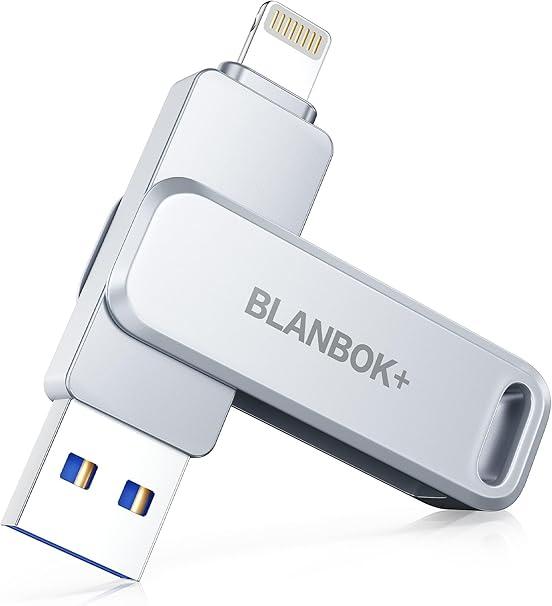 Blanbok+ 
MFi Certified 128GB Photo Stick for iPhone Flash Drive,USB Memory Stick Thumb Drives High Speed USB Stick External Storage Compatible for iPhone/iPad/Android/PC