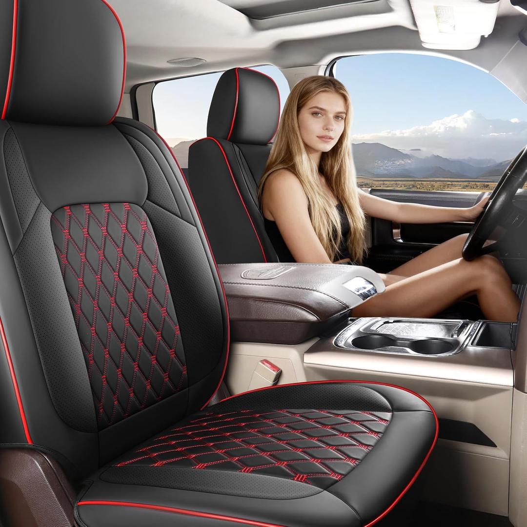 Custom Seat Covers fit for Dodge Ram 1500 2500 3500, Full Coverage Luxury Leather Ram Truck Seat Cover 2009-2025 Compatible with Crew Cab Double Quad Regular (Red, Full Set (Flat Front/Curved Rear))