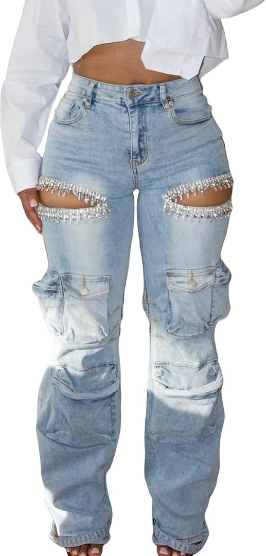 NRTHYE Womens High Waist Rhinestones Cargo Jeans Sexy Ripped Straight Leg Stretch Distressed Denim Trousers Pants (Blue, XL)