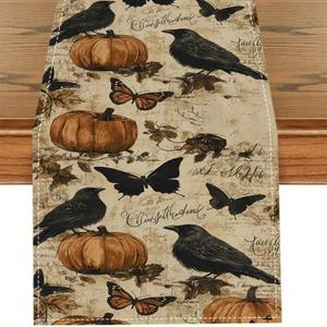 2 x Retro Crow Pumpkin Butterfly Halloween Table Runner Seasonal Kitchen Dinning Table Decoration for Home Holiday Party 13x72 Inch