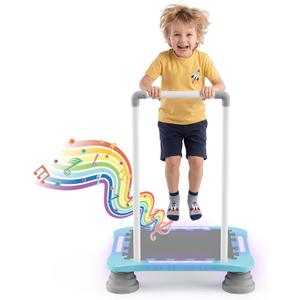 25" Toddler Trampoline with LED Lights & Music, Indoor Mini Kids Trampoline with Handlebar, Non-Slip Sensory Balance Training Bounce Board for Boy Girl Ages 3+, Safety Pad & 220 LBS Max Load