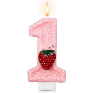 Conelist Strawberry 1 Candle for First Birthday Pink Number 1 Candle Berry One Glitter Cake Topper for Strawberry 1st Birthday Party Supplies Anniversary Decorations