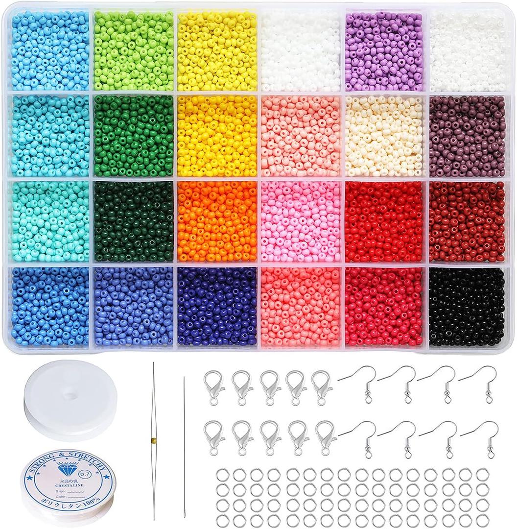 BALABEAD 3mm Round Size Almost Uniform Glass Seed Beads with Beading Kit, About 7800pcs in Box 24 Multicolor Assortment Size 8/0 Craft Seed Beads for Jewelry Making,(About 325pcs/Color, 24 Colors)
