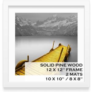 Tiblue 12x12 Picture Frames White Solid Wood Display Pictures 10x10 or 8x8 with Mat or 12x12 without Mat - 12x12 Inch Square Photo Frames with 2 Mats for Wall or Tabletop Mount, 1 Pack