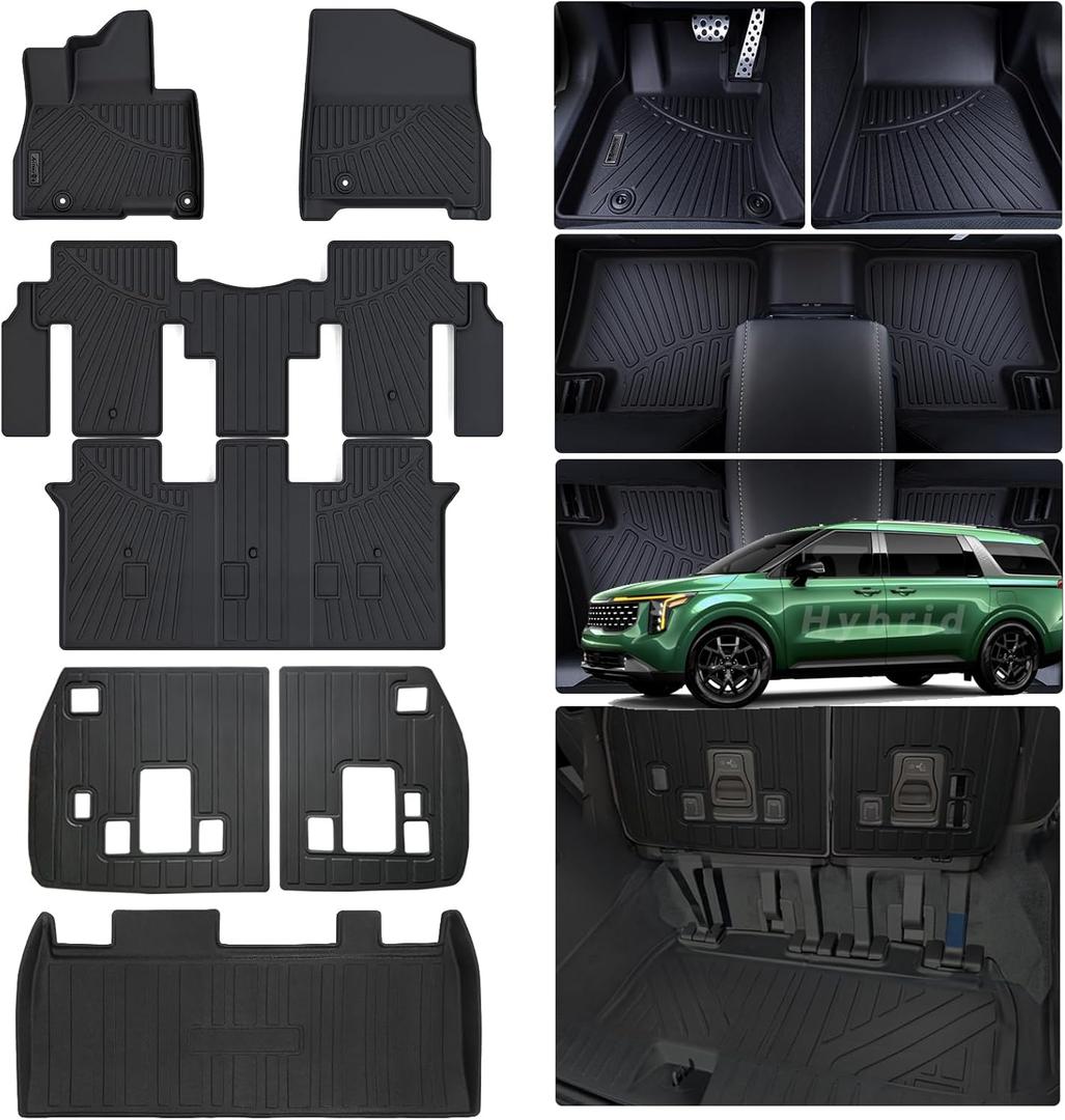 Floor Liners & Cargo Liners & Backrest Mat for 2025 KIA Carnival Hybrid 8 SeatsNot Fit Pure Fuel-(NOT fit Prestige Models), TPE All Weather Protection Car