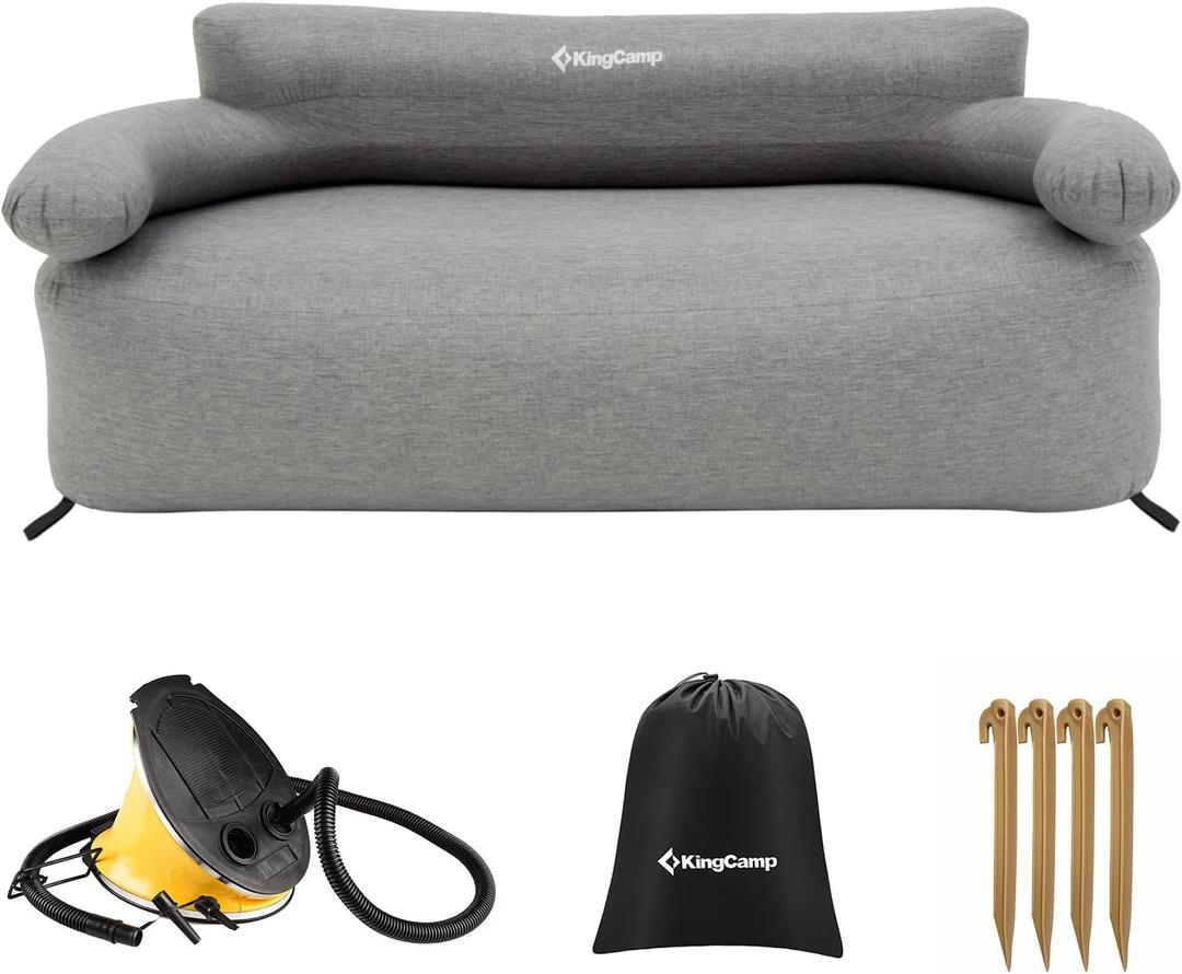 KingCamp Double Inflatable Couch for Camping, Portable Foldable Eco-Friendly Reach-Certified PVC Liner Air Lounger 2-Person Blow Up Sofa with Foot Pump, Pegs, Repair Kit & Removable Cover, Full