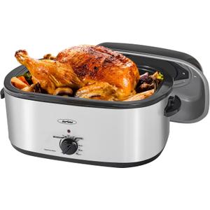 Sunvivi 28lb 24-Quart Roaster Oven, Electric Roaster Oven with Viewing Lid, Turkey Roaster with Unique Defrost/Warm Function, Large Roaster with Removable Pan & Rack, Stainless Steel, Silver