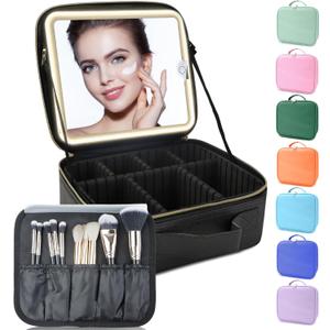 Makeup Bag with Led Mirror,with 3 Color Setting,Portable Storage and Adjustable Dividers Travel Makeup Bag, for Women and Makeup Artists Large Vanity Makeup Cases-Black