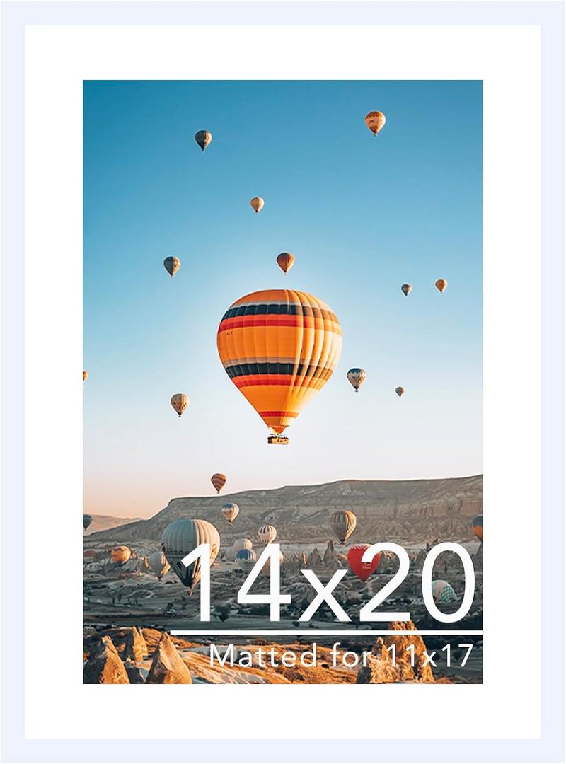 JCJMY 14x20 Picture Frame with 11x17 Mat, Display Photo 11x17 with Mat or 14 x 20 Without Mat, Wall Hanging Large 14 by 20 Poster Frame with Plexiglass, White