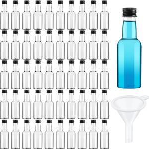 208 Mini Liquor Bottles 1.7 oz Plastic Mini Empty Spirit Bottle with Black Screw Cap Small Wine Hot Sauce Container with Caps Liquid Funnel Easy Pouring Party