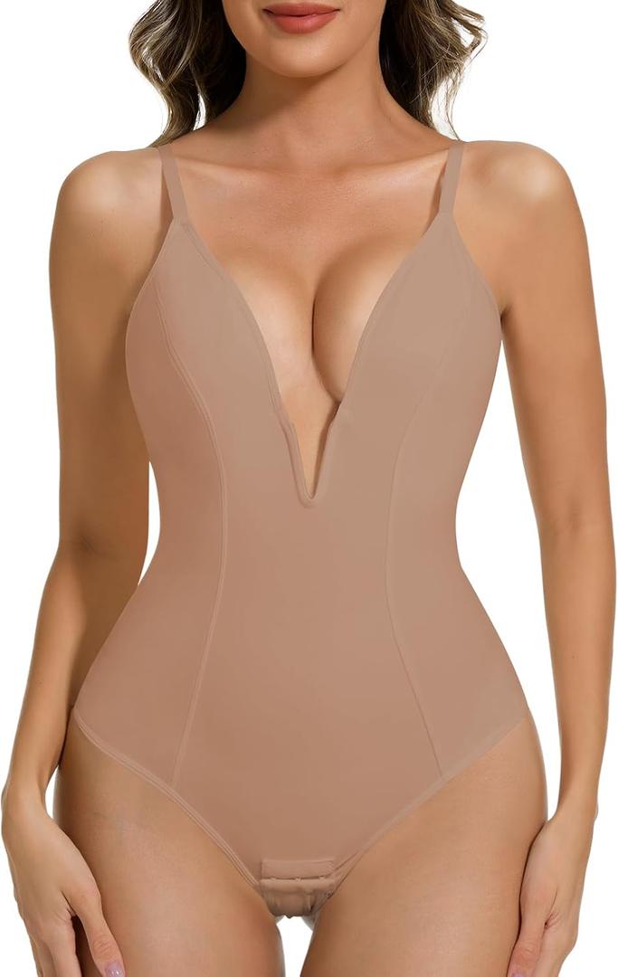 Ellareese Deep V Bodysuit for Women Thong Shapewear Tummy Control Low Back Shapewear for Women (Beige, M)