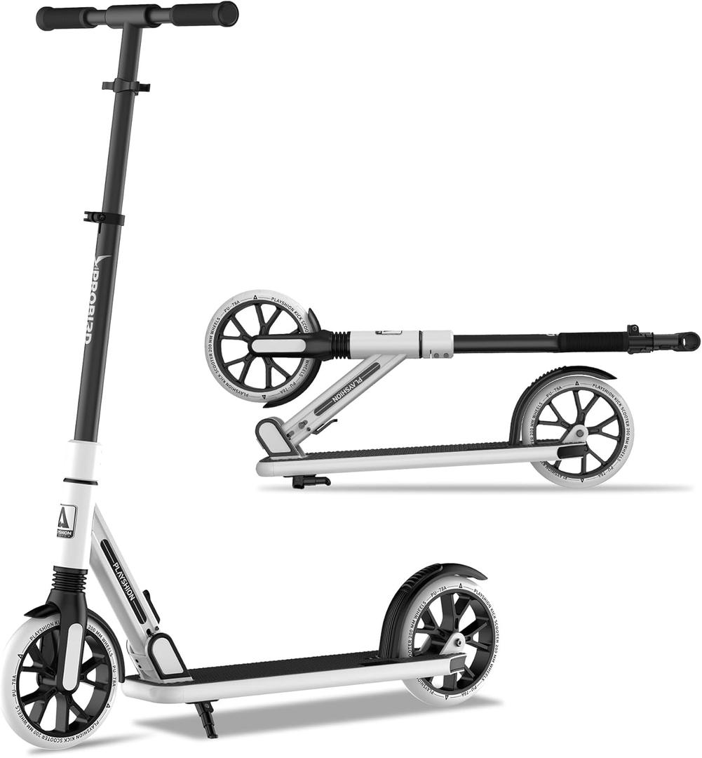 Playshion Kik Scooter for Kids Ages 6+, Teens & Adults, Lightweight, Foldable, with Adjustable Handlebar and Drum Brakes (White)