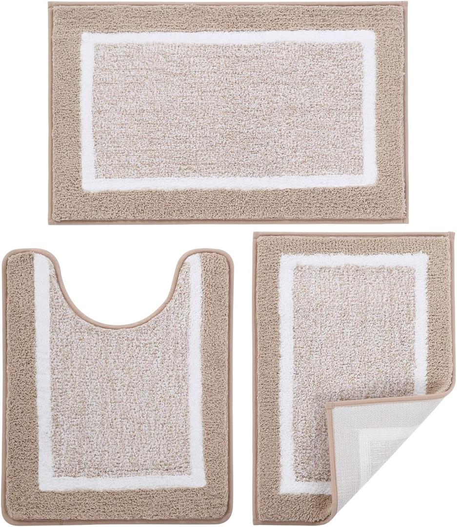 Bathroom Rugs Sets 3 Piece with U-Shaped Contour Toilet Mat Shower Rugs Absorbent Microfiber Plush Bath Mats Non Slip Bath Rugs Shaggy Floor Mats Machine Washable (18"x26" + 20"x32" + U Shape 20"x24", Beige)