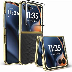 Case for Motorola Razr 2025 Plus/2024 Ultra Case,with screen protector,grain leather back cover,Military grade drop resistance,hard PC,Ultra durable protective case for razr 2025 plus,Silver Gold