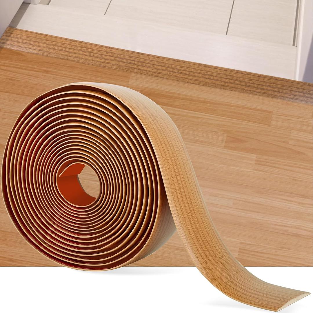 20Ft Floor Transition Strip Self Adhesive Vinyl Cover Floor Strip Flat Divider Transition Strip Wood Grain Design for Laminate Floor Gaps and Doorway Transitions (20Ft x 2 Inch, Light Brown)
