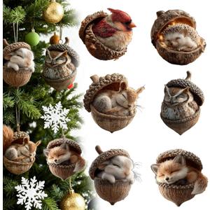 Forest Animal Acorn Ornaments Cozy Forest Christmas Ornaments, 6PCS Cozy Forest Animal Acorn Christmas Ornaments for Christmas Tree, 2D Acrylic Hanging Ornament Home Party Décor