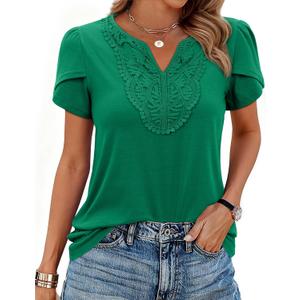 siliteelon Women Dressy Casual Blouses Short Sleeve Shirts V Neck Trendy Spring Clothes Vacation Boho Tops (Green, XXL)