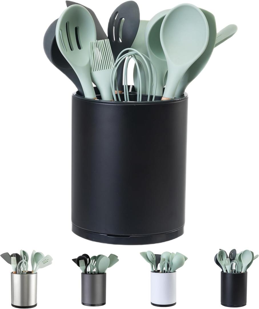 Kitchen Utensil Holder Extra Large 360Rotating For Counter Organizer Stainless Steel Storage Cooking Silverware Caddy 3 Compartment Flatware Spoon Spatula Tool Cutlery ContainerBlack