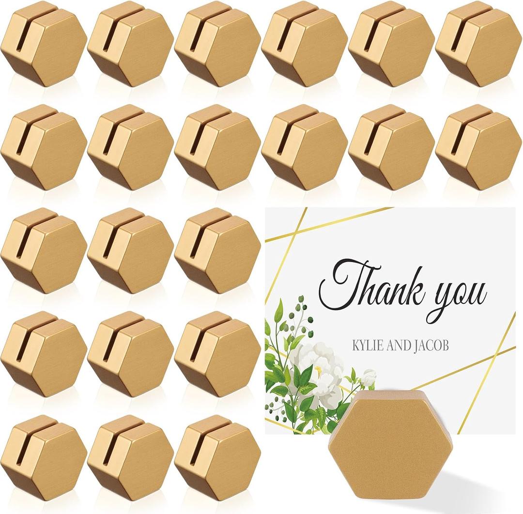 Ripeng 24 Pcs Gold Table Number Holders Wooden Place Card Holder Bulk Mini Hexagon Table Top Stand for Wedding Photo Menu Clips Display Office Banquet Birthday Party Restaurant