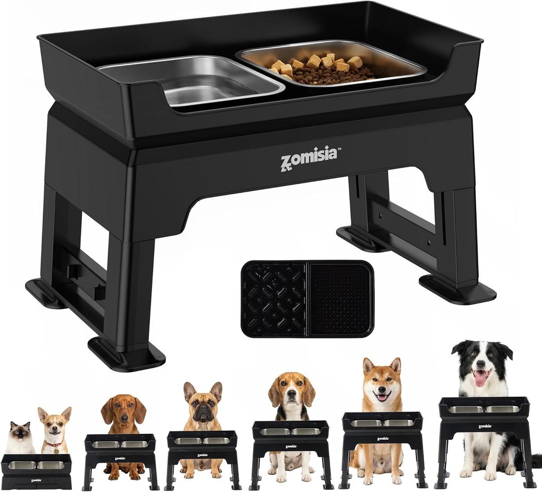 3-in-1 Raised Dog Bowl - 6 Height Adjustable Elevated Dog Bowls Stand, Double Deck Design Mess Proof, Feeding Station with 2 Stainless Steel Bowls & Licking Plate for Small Medium Large Pets (54oz Water Bowl & 54oz Food Bowl)