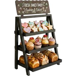 Foldable Wooden Cookie Display Stand for Bakers, Vendors, Market Booth, and Craft Fairs | 3 Tiered Cupcake Dessert Stand with Chalkboard Sign Ideal for Donuts, Cakes, Muffins & Pastries (Black)