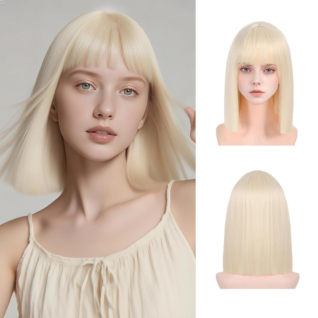 Blonde Bob Wig with Bangs Short Blonde Straight Wig for Women Natural Looking Heat Resistant Synthetic Wig for Grils Daily Party Halloween Cosplay Use 13inch