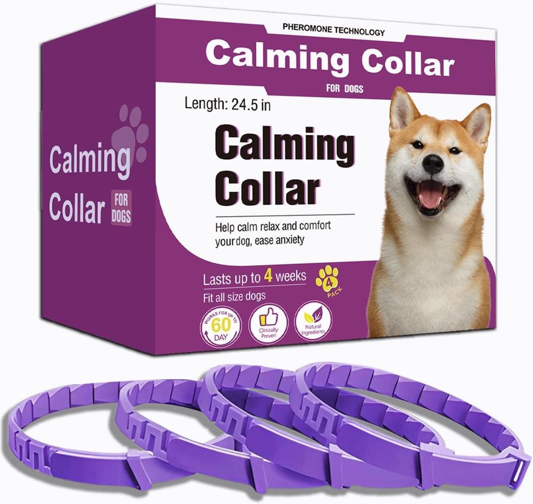 Calming Collar for Dogs 4 Packs, Dog Pheromone Calm Collars Relief Anxiety Stress Separation Lasts 60 Days, Calm Pheromone Collars 25 Inches Size Flexible Adjustable for All Dog (Pruple)
