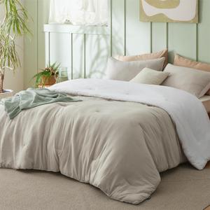 Bedsure Full Size Comforter Set, Reversible Beige Soft Prewashed Bedding for All Seasons, 3 Pieces Warm Down Alternative Bed Set, 1 Lightweight Comforter (82"x86") and 2 Pillowcases (20"x26") (05 - Beige/White)