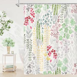 Litabel Cute Colorful Floral Shower Curtain, Boho Sage Flower Shower Curtains for Girls Bathroom Decor, Green Wildflower Trendy Botanical Waterproof Kids Shower Curtain Set with Hooks 72x72 Inch