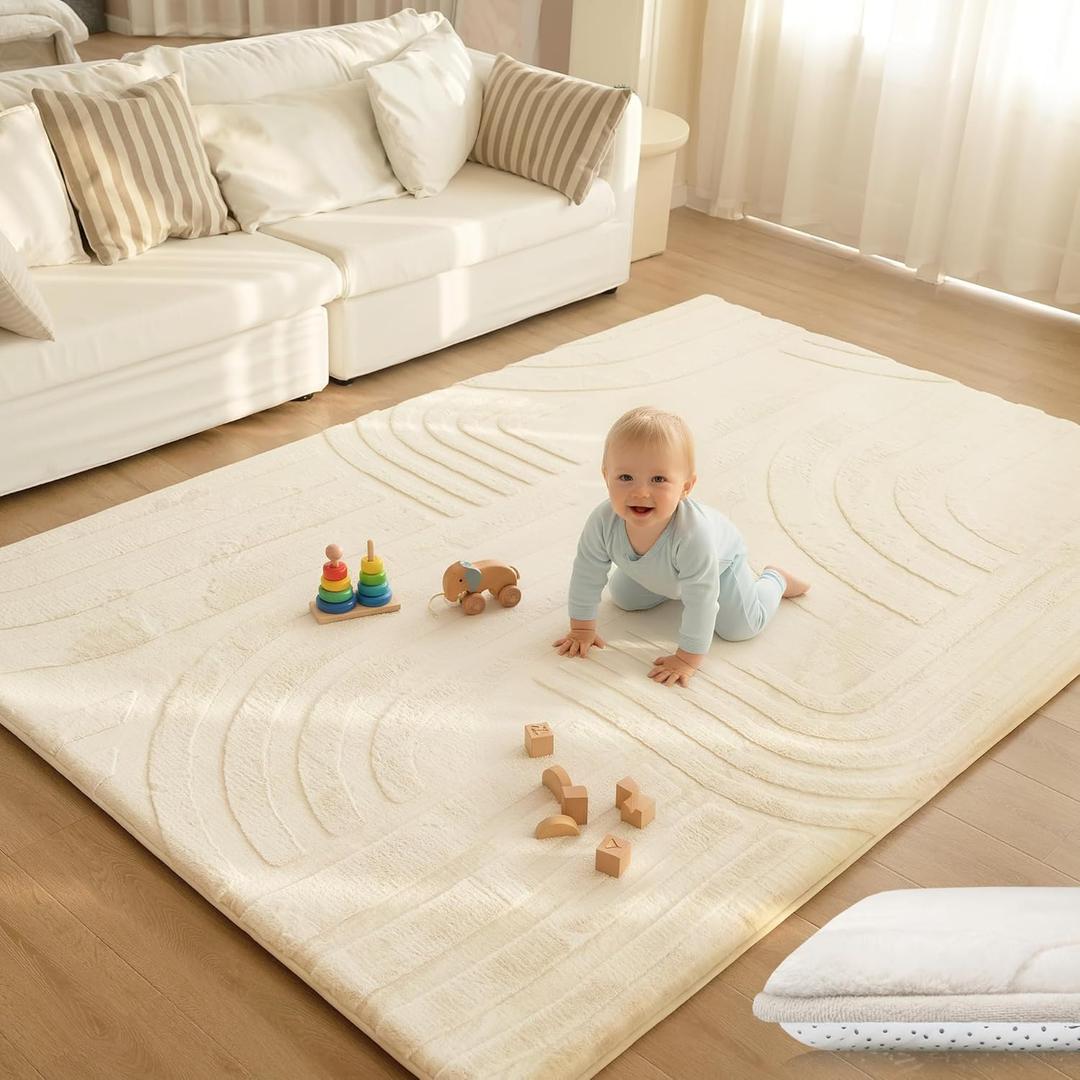 Huloo Sleep Ultra Soft Fluffy Baby Play Mat for Floor,1.3" Thick Cushion Padded Kids Rug with 3D Carved Faux Rabbit Fur,Non-Slip Large Carpet Nursery Rug Area Rug for Playroom Living Room(Cream)