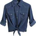 AMEBELLE Women's Roll Up 3/4 Sleeve Tie Front Knot Shirt Chambray Denim Crop Top (XX-Large)