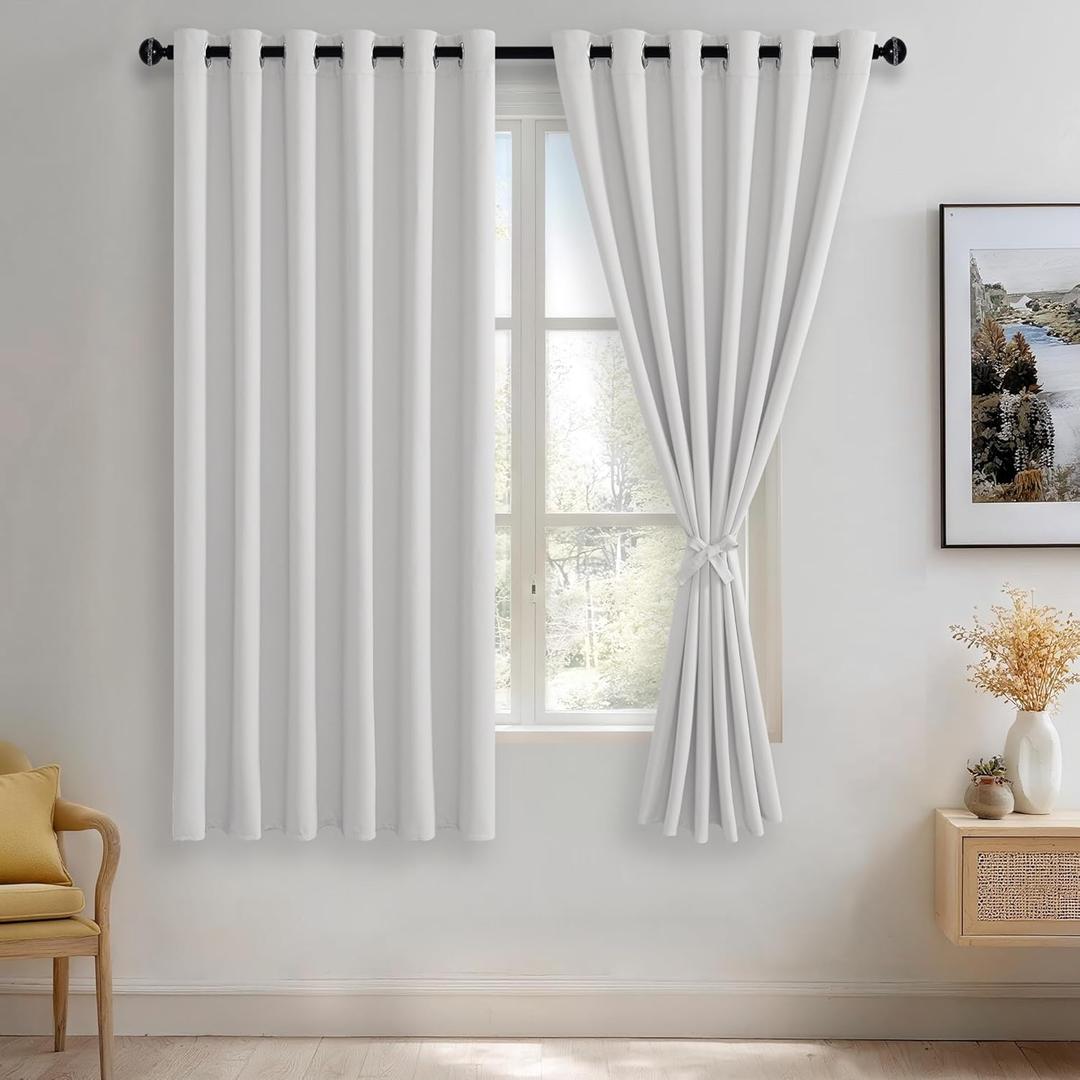 JIUZHEN Greyish White Blackout Curtains with Tiebacks Thermal Insulated, Light Blocking and Noise Reducing Grommet Curtains for and Living Room, Set of 2 Window Curtain Panels, 70 x 63 Inch Length