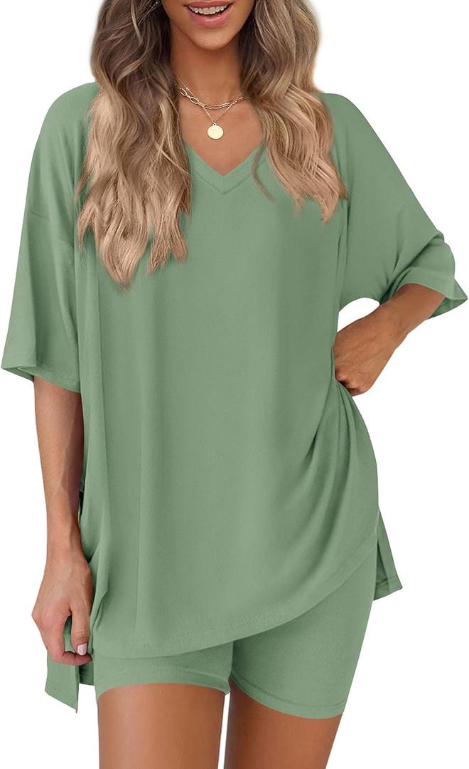 PRETTYGARDEN 2 Piece Sets for Women Summer 2026 Lounge Short Set Spring Matching Biker Shorts V Neck Oversized Shirt Clothing (Green, XXL)