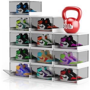 Thicken & Sturdy Clear Shoe Storage Organizer with Magnetic Door,12 Pack Stackable Boxes for Closet, Foldable Space-Saving Shoe Rack for Sneaker Boot Container, Plastic Shoe Box, Fits US Size 13