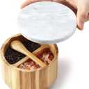 Bamboo Salt and Pepper Box with Marble Lid and Embedded Spoon, Well-sealed Dust Lid, Salt Cellar Bowl Container Keeper to Storage Pepper Spice Herb Sea Salt, Dual 5 Ounce Capacity