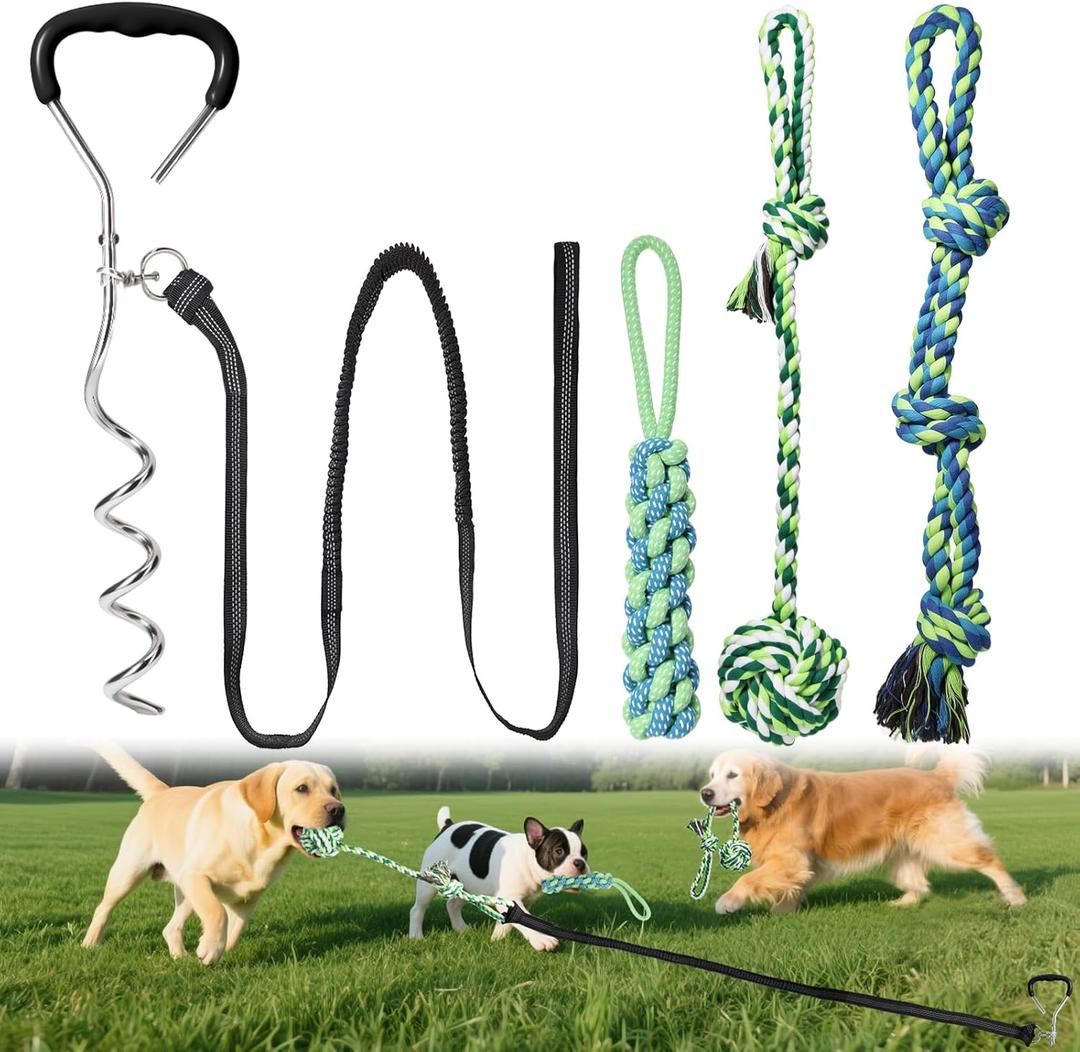 Bungee Tug of War Dog Toy with Upgraded Steel Stake, Cotton Ball, Teething Rope and Soft Rope, Tether Tug Outdoor Dog Toy for Lawns and Trees, Interactive Dog Toys for Medium, Large Dog, Blue