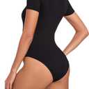 LIZENS Classic Black Short Sleeves Ribbed Scoop Neck Shirts Sexy Button Slimming Solid Color Bodysuit for WomensLL01,S (S)