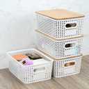 Stackable Storage Bins with Bamboo Lids, 6-Pack, BPA-Free Plastic, 5.1 Qt Capacity, Side Handle, 10x7.2x4.13 Inch, for Home Organization