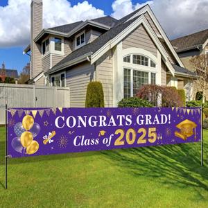 2025 Graduation Decorations Congrats Grad Class of 2025 Banner - Purple and Gold Yard Sign Backdrop Hanging Decorations for Indoor Outdoor Party Supplies