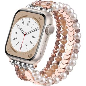 MOFREE Beaded Bracelet Compatible with Apple Watch Band 38mm/40mm/41mm/42mm, Fashion Elastic Stretch Women Bands for iWatch Series 11/10/9/8/7/SE/6/5/4/3/2/1 iPhone Watch Strap Bands Rose gold/Pearl