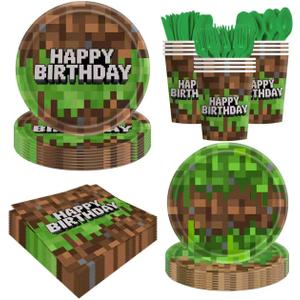 140pcs Green Birthday Party Decorations Green Plates Napkins Party Supplies Disposable Paper Cups Tableware Set for Boys Kid Teen Birthday Decor Serves 20