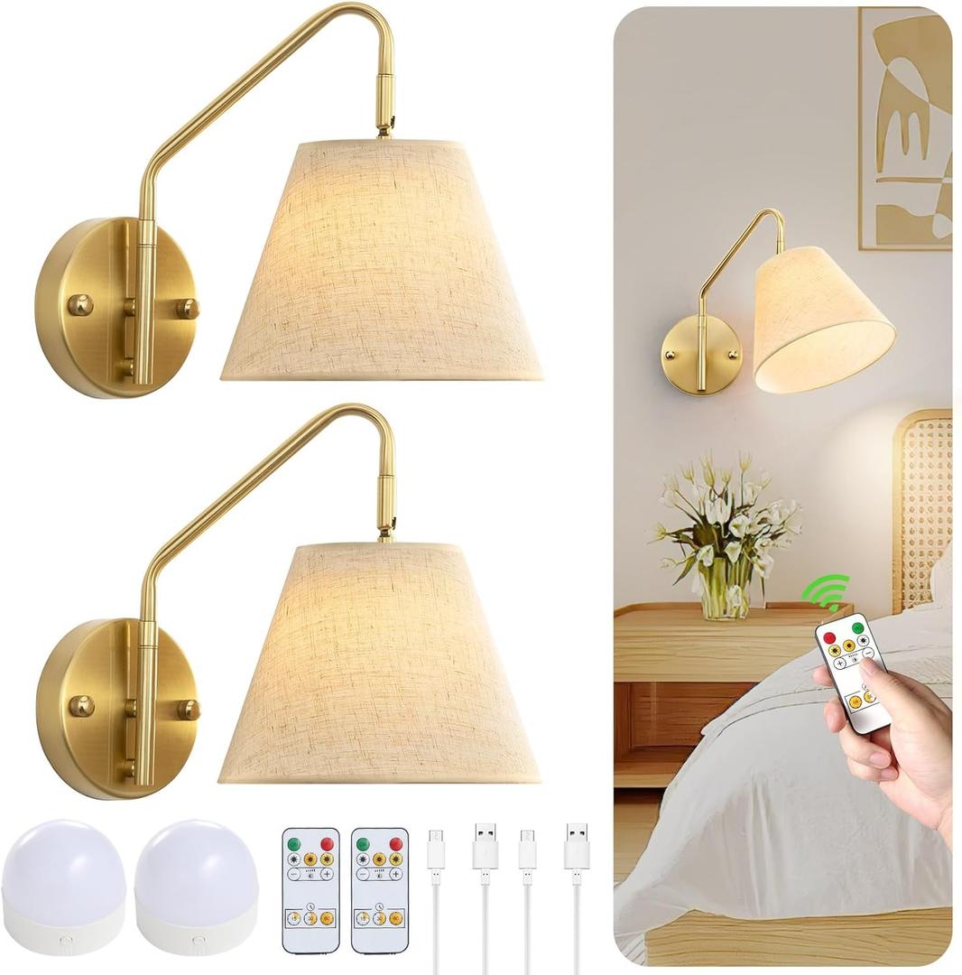 Gold Wireless Wall Sconces Set of Two, Swing Arm Battery Wall Sconce, Battery Operated Wall Sconce with Remote, Battery Sconces with Linen Lampshade, Rechargeable Wall Lights for Living Room