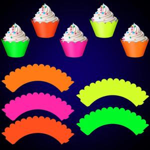 Spakon 30 Pieces Glow Party Neon Party Supplies Neon Cupcake Wrappers Multicolor Muffin Liners for Glow in Dark Birthday Wedding Decoration Black Light Halloween Reactive