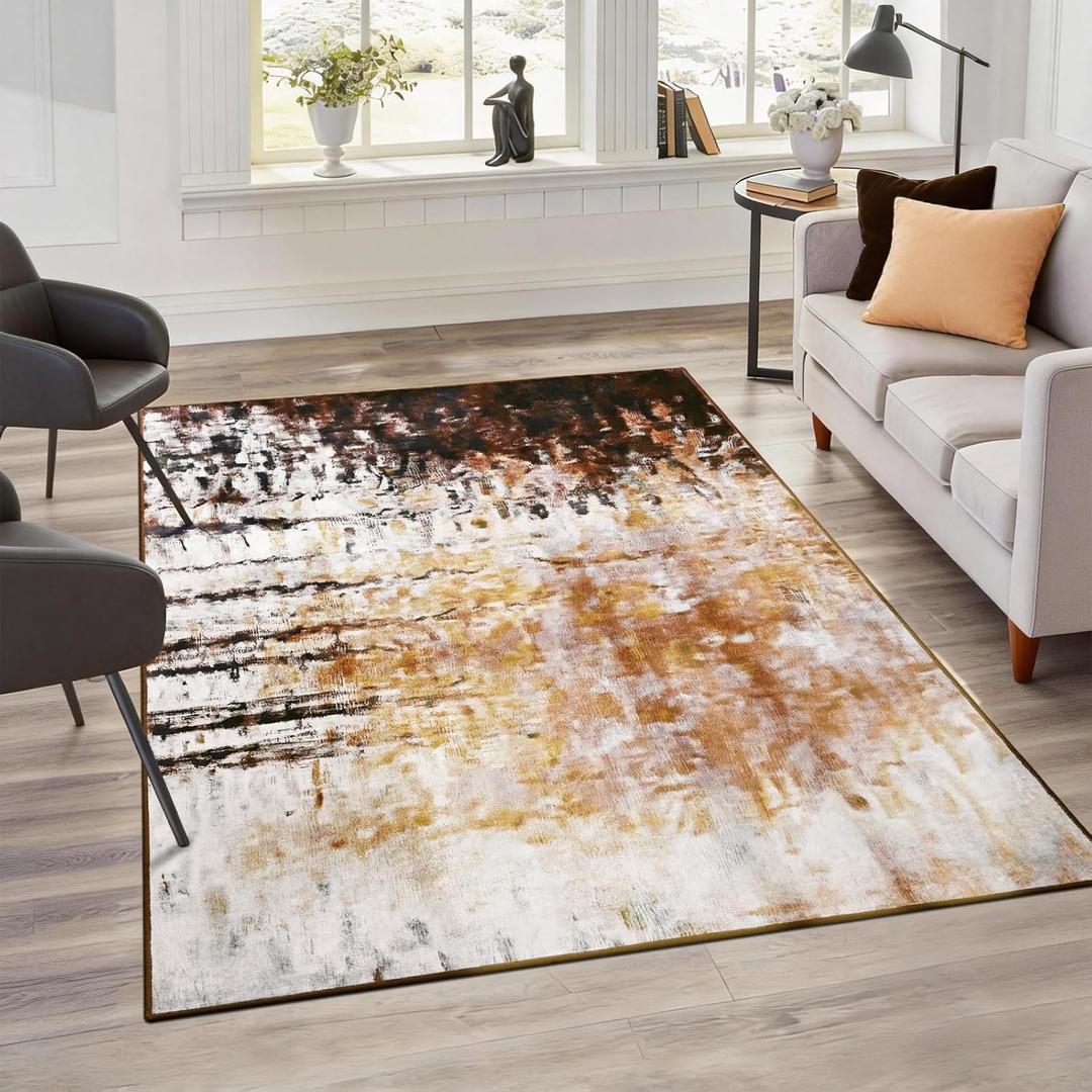 FlyDOIT Washable Area Rug for Living Room, 4x6 Modern Abstract Soft Non Slip Thin Throw Rugs, Print Pattern, Indoor Floor Carpet for Kitchen Office Dorm Bedroom Brown Black Cream Beige White