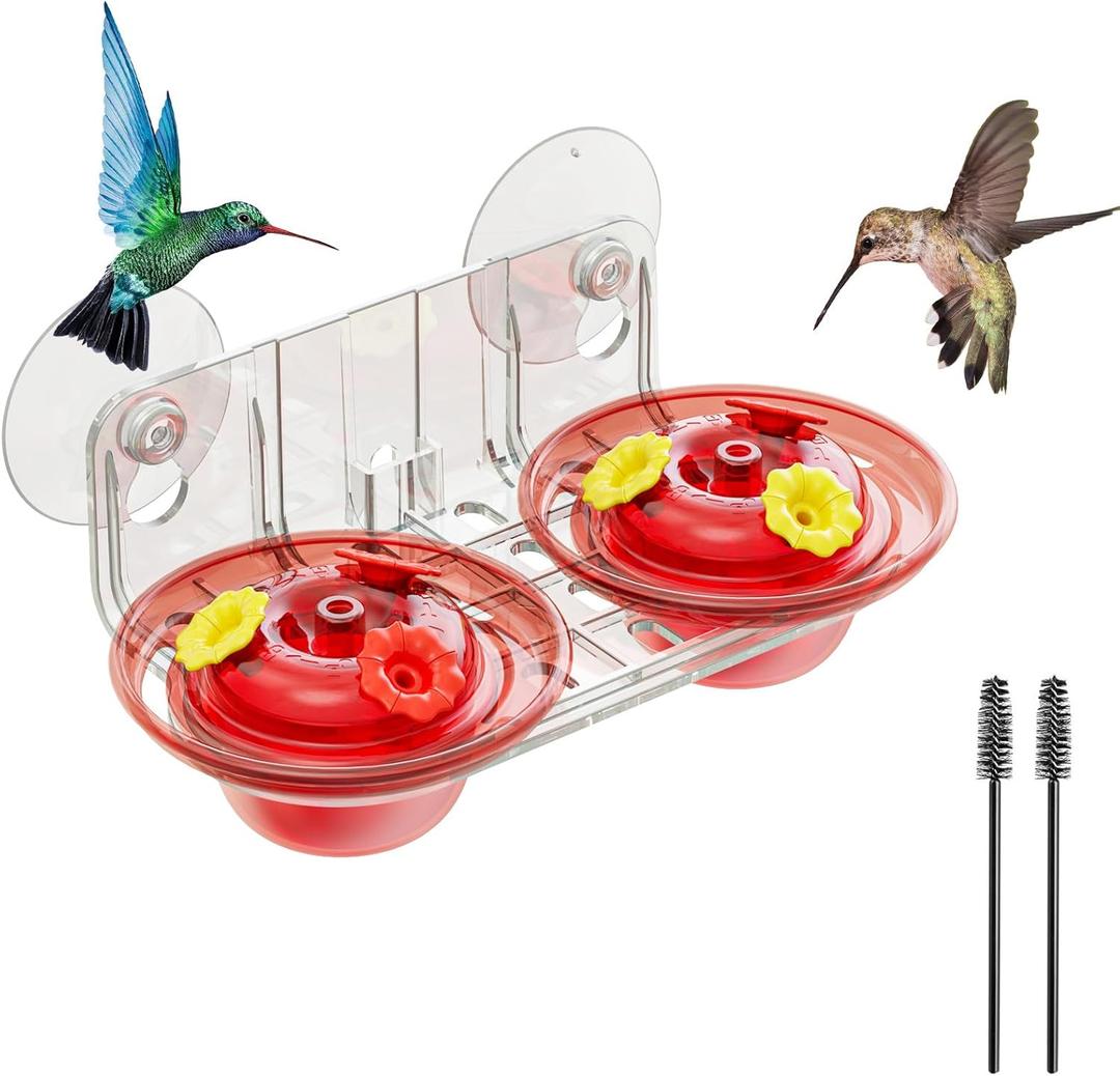 Window Hummingbird Feeder with Strong Suction Cups, 2 Pack 2.6 oz Small Hummingbird Feeder for Outside Window, Easy to Clean & Refill, Bee Resistant Feeding Ports for Bird Watching (Red)