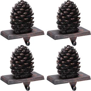 Hotop 4 Pieces Christmas Pine Cone Stocking Holder Metal Mantel Stocking Hanging Hook Xmas Pine Cone Stocking Holder Fireplace Stocking Hanger for Fireplace Mantel Christmas Decor (Black)