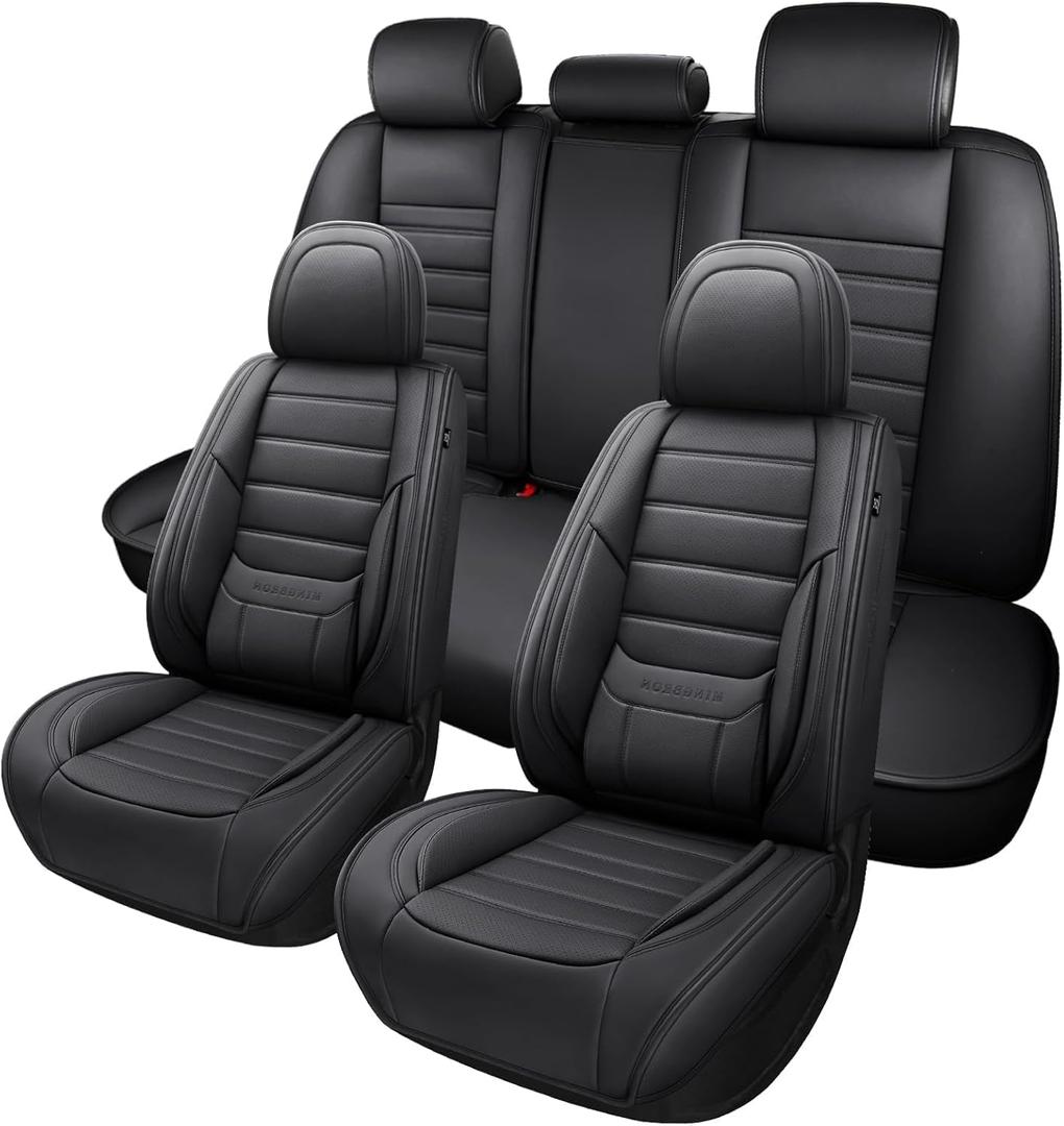 MINGBRON Black Car Seat Cover with Lumbar Support, Car Seat Protector Waterproof, Nappa Leather Car Seat Cushion, Car Seat Covers Front Seats and Back Fit for Most Cars