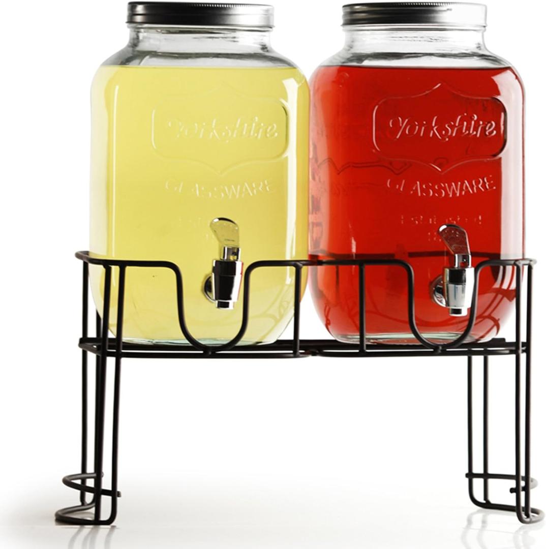 Circleware Double Yorkshire Mason Jar Glass Beverage Drink Dispensers with Metal Stand, 1 gallon, Clear